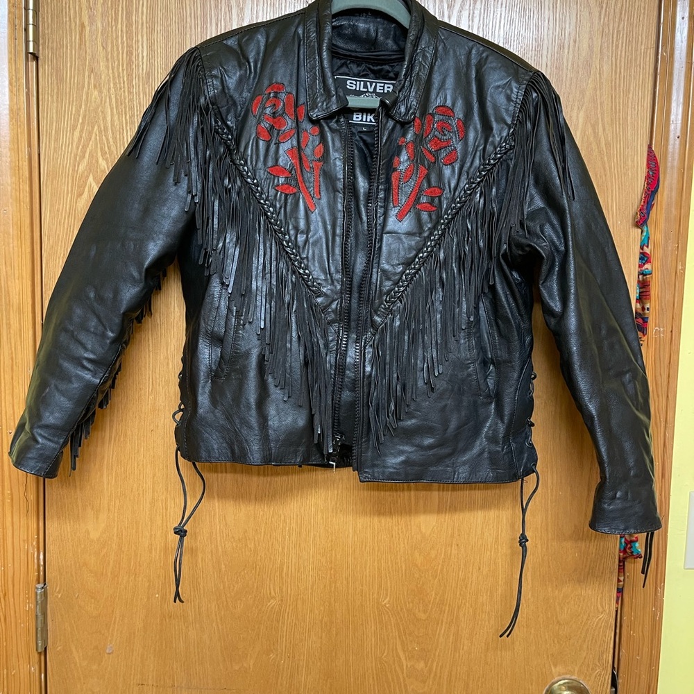 Vintage Leather Rose detail Fringe Bomber Moto Jacket Black Red Ladies Large - Picture 2 of 7